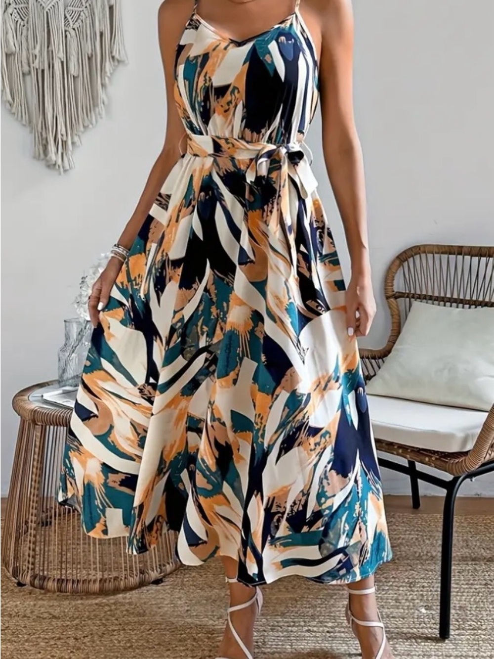 SHEIN Teal, Navy & Cream Abstract Print Spaghetti Strap Maxi Dress